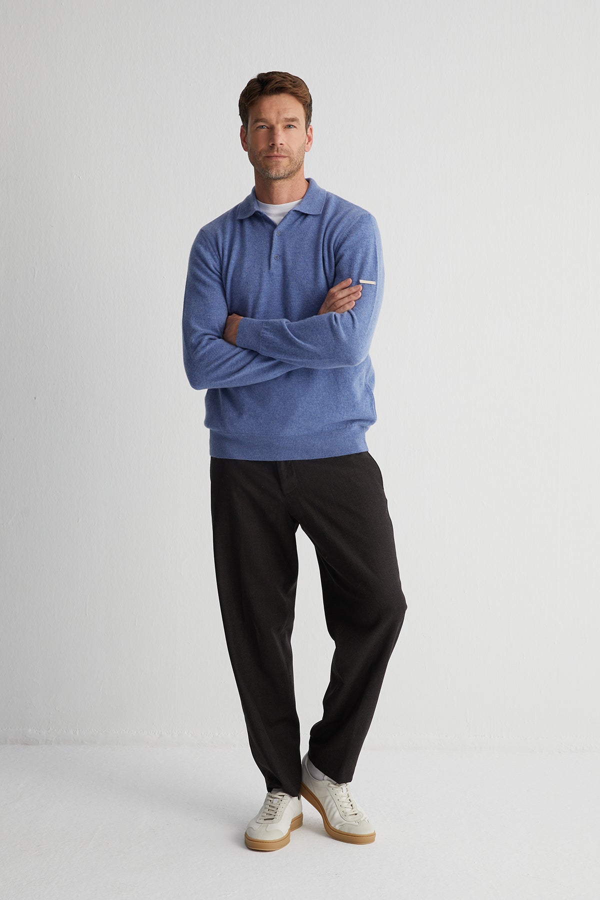 Açık Denim Saf Kaşmir Erkek Polo Kazak