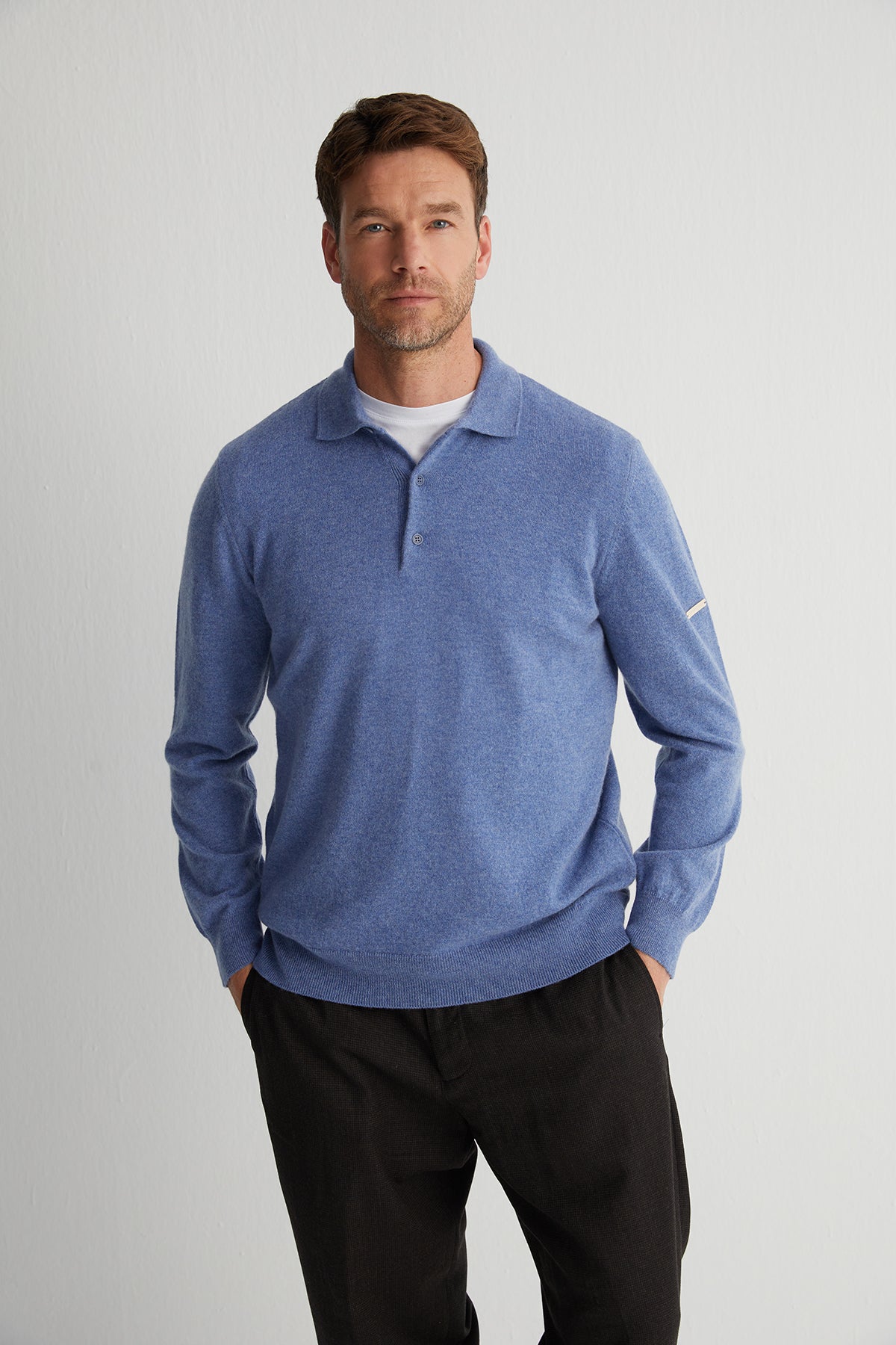Açık Denim Saf Kaşmir Erkek Polo Kazak