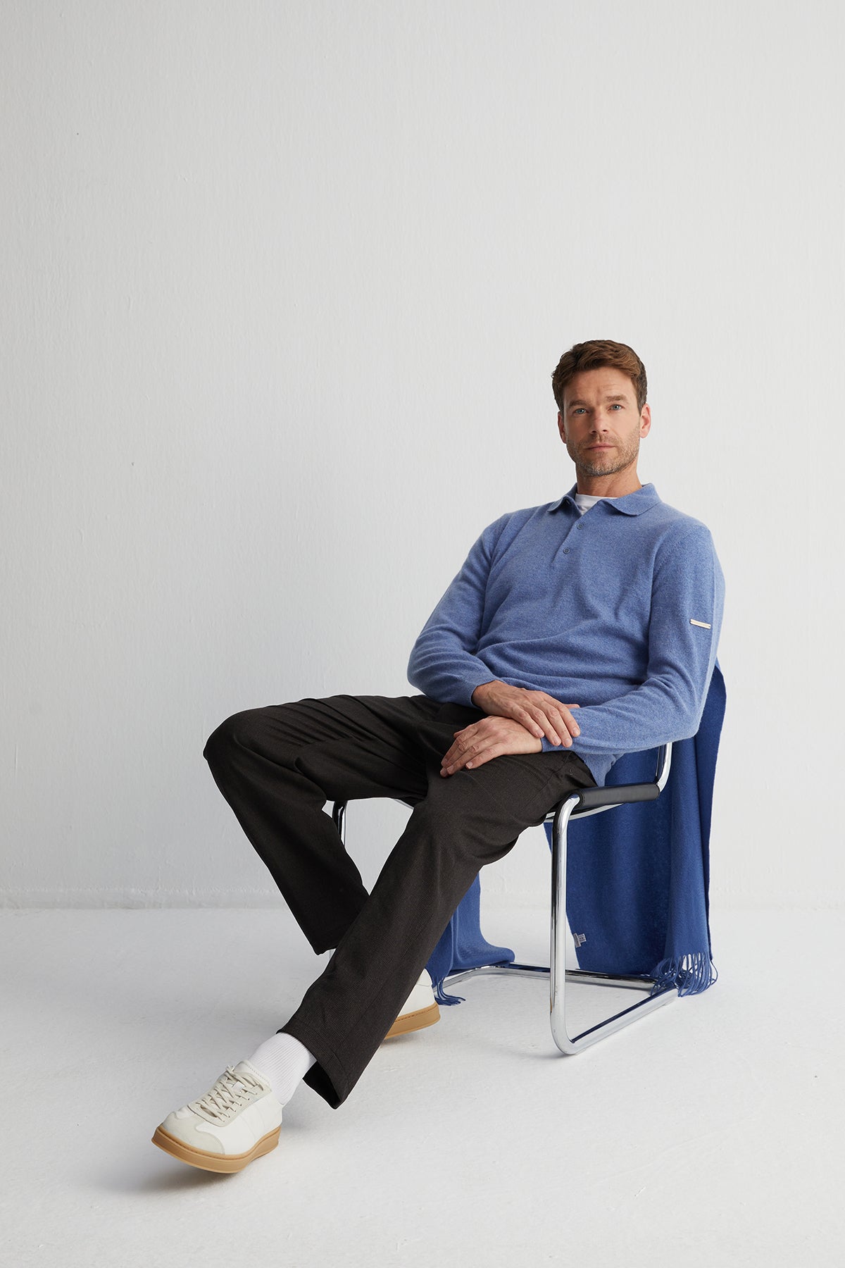 Açık Denim Saf Kaşmir Erkek Polo Kazak