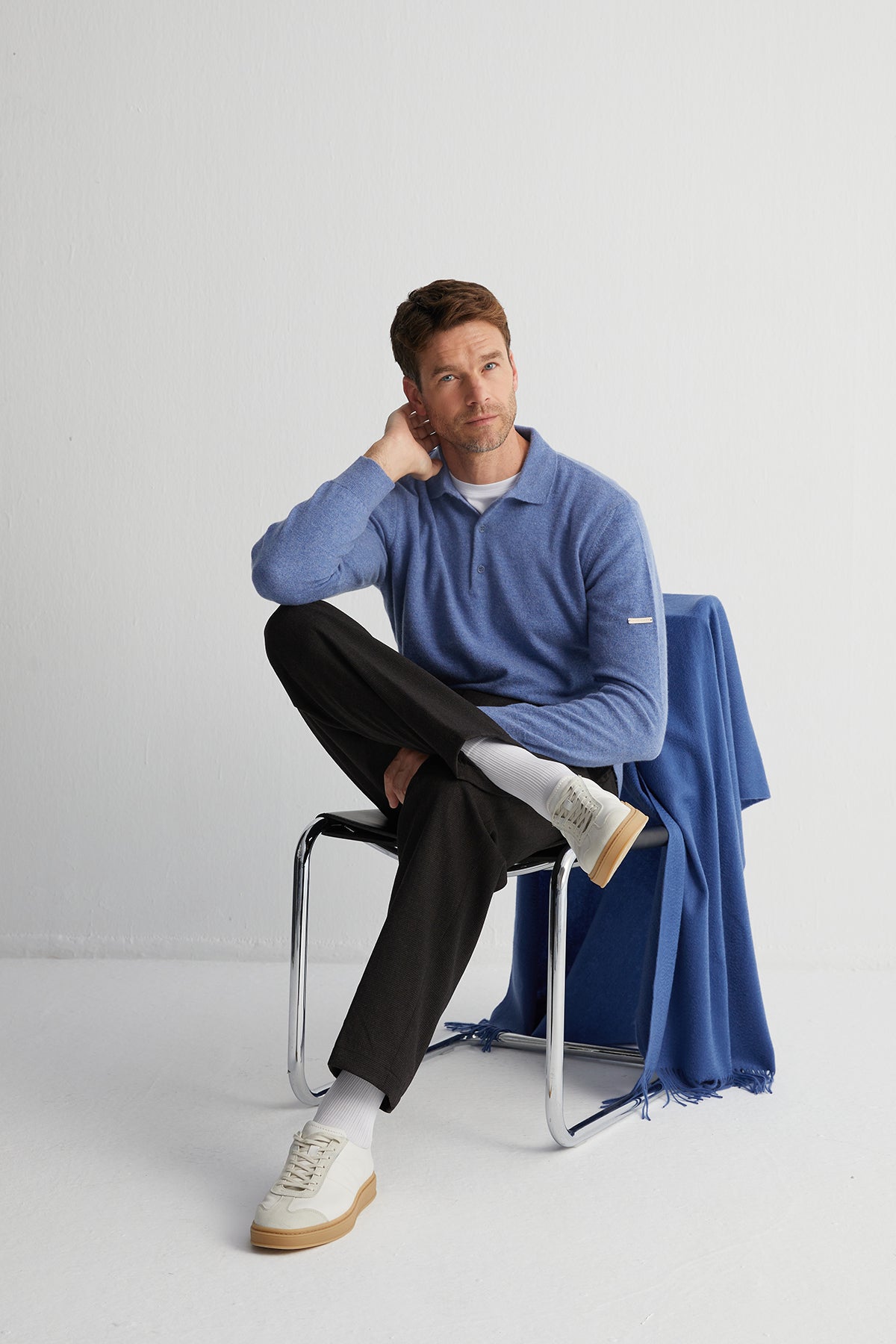 Açık Denim Saf Kaşmir Erkek Polo Kazak