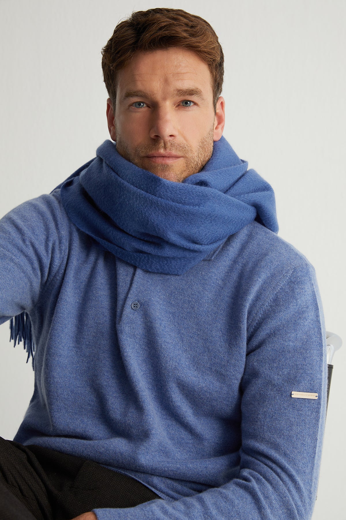 Açık Denim Saf Kaşmir Erkek Polo Kazak