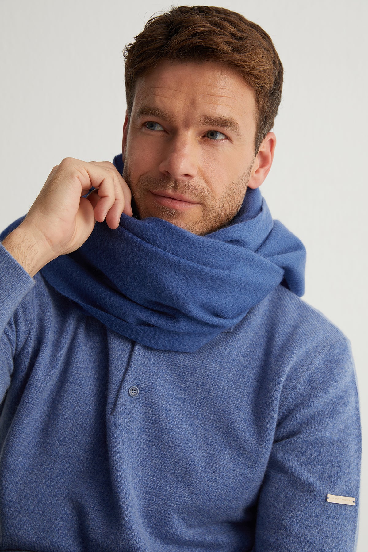 Açık Denim Saf Kaşmir Erkek Polo Kazak