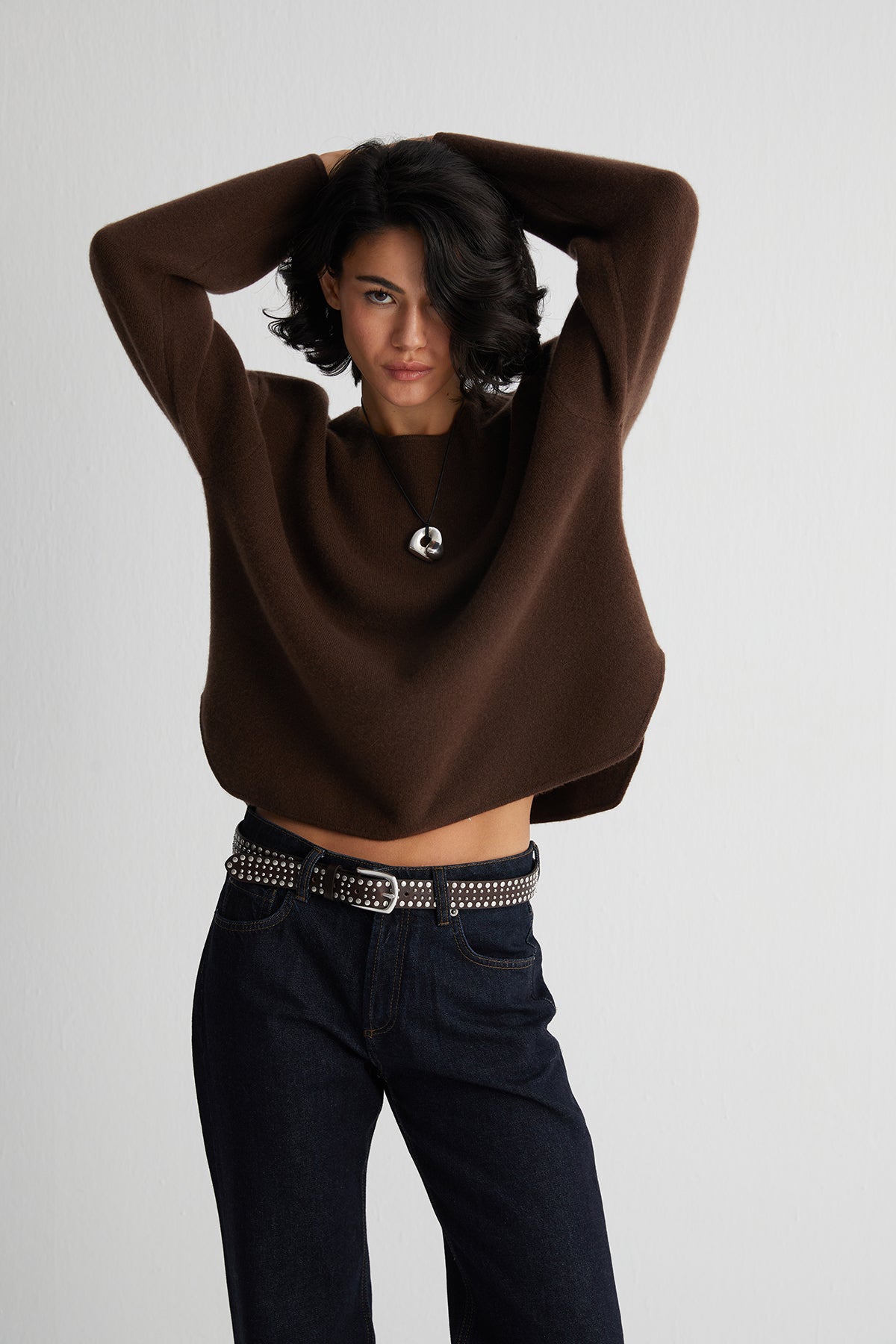 Kahverengi Alexia Saf Kaşmir Çelik Örgü Kazak