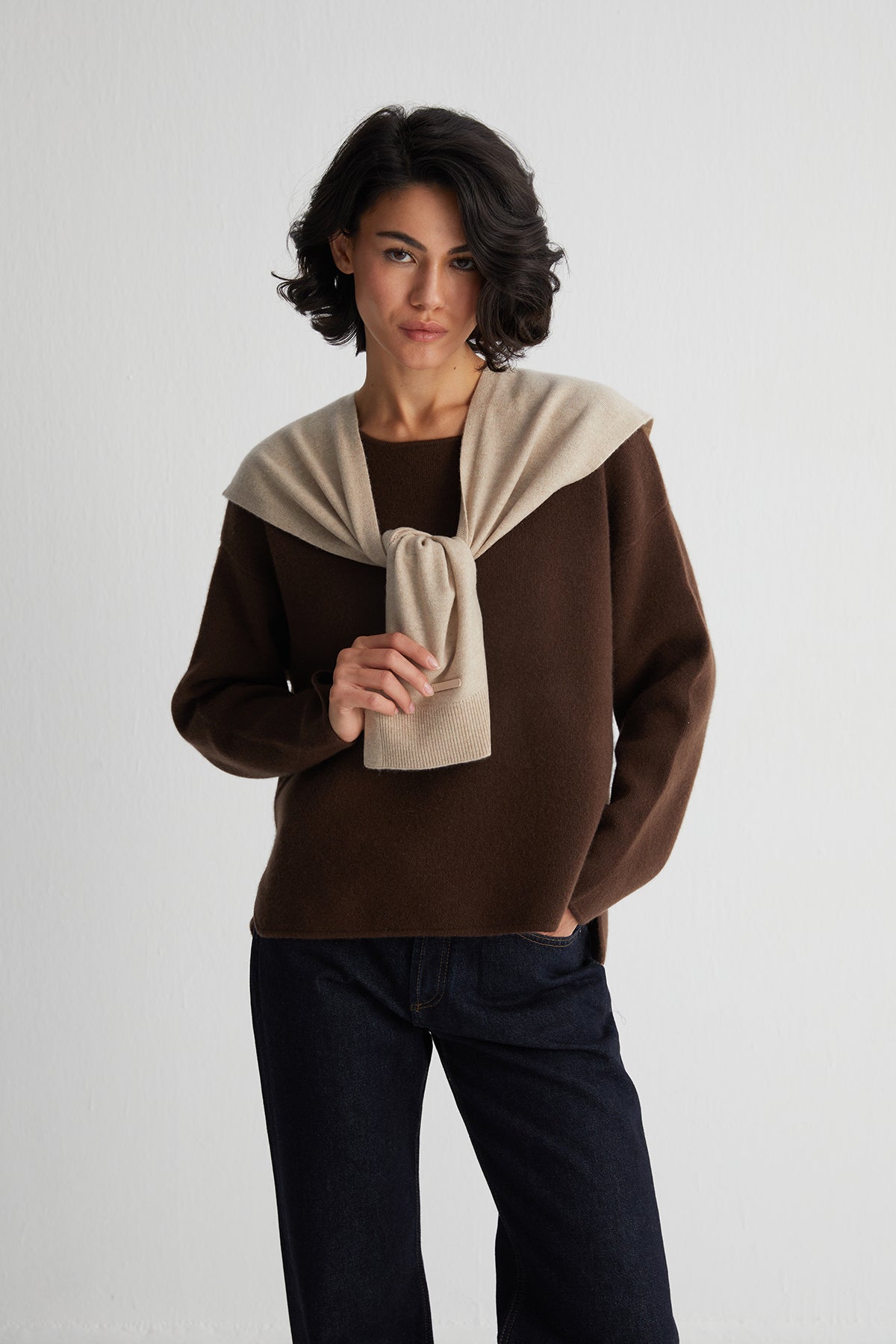 Kahverengi Alexia Saf Kaşmir Çelik Örgü Kazak