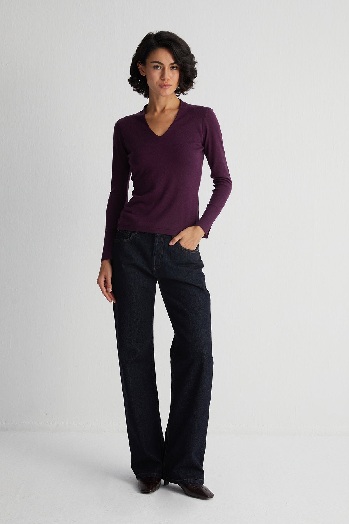 Mürdüm Zoe İpek Kaşmir Derin V Yaka Triko