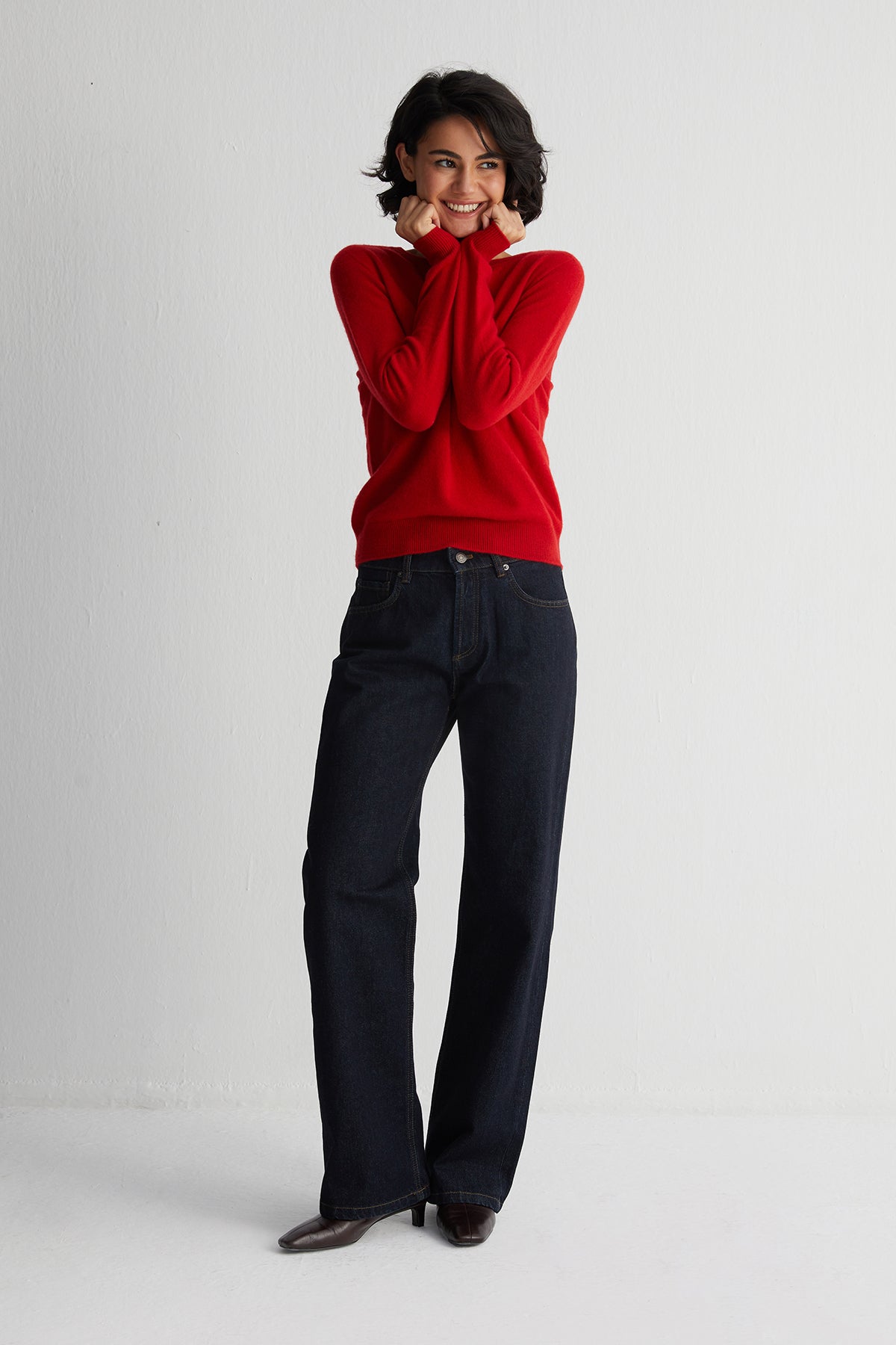 Kırmızı Alexia Saf Kaşmir Yuvarlak Yaka Kazak