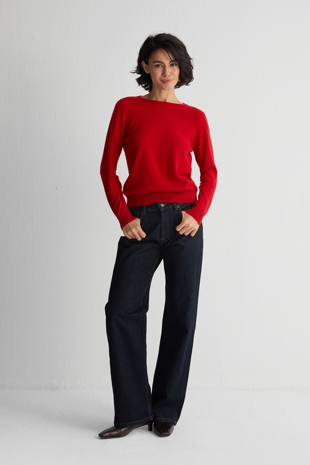 Kırmızı Alexia Saf Kaşmir Yuvarlak Yaka Kazak