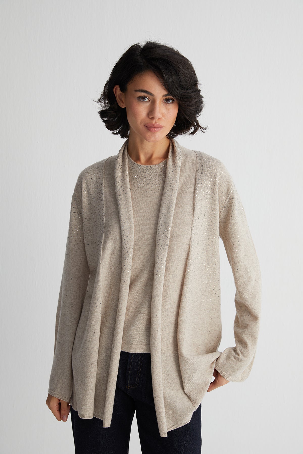 Bej Merill Taşlı Şal Yaka Hırka