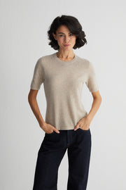 Bej Merill Taşlı Yuvarlak Yaka Kısa Kollu Triko