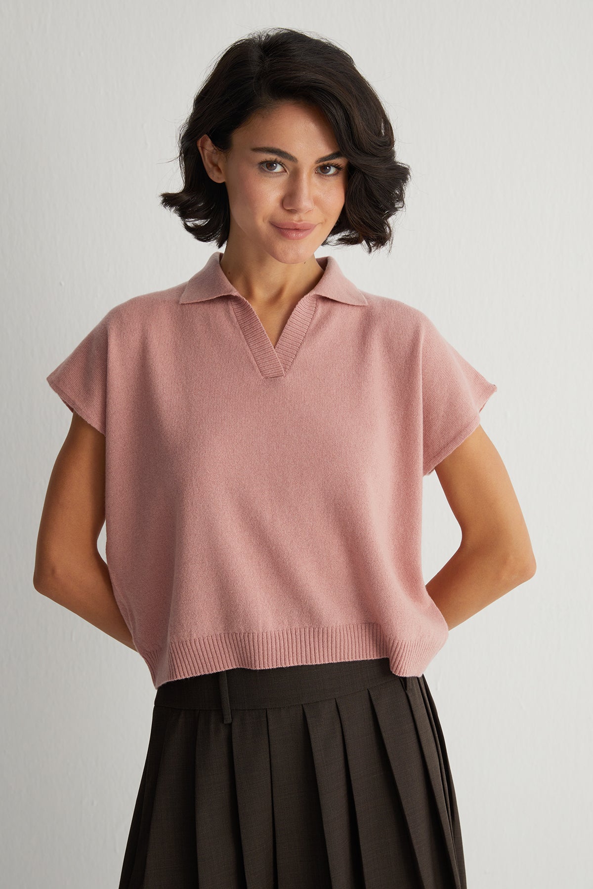 Pastel Pembe Vanessa Saf Kaşmir Kısa Kollu Polo