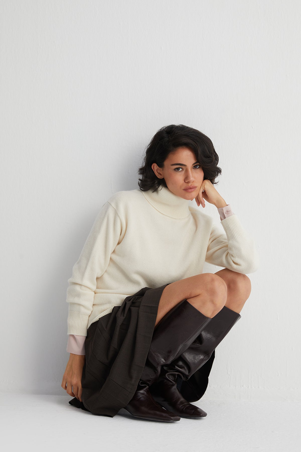 Beyaz Carla Saf Kaşmir Balıkçı Yaka T Kol Kazak