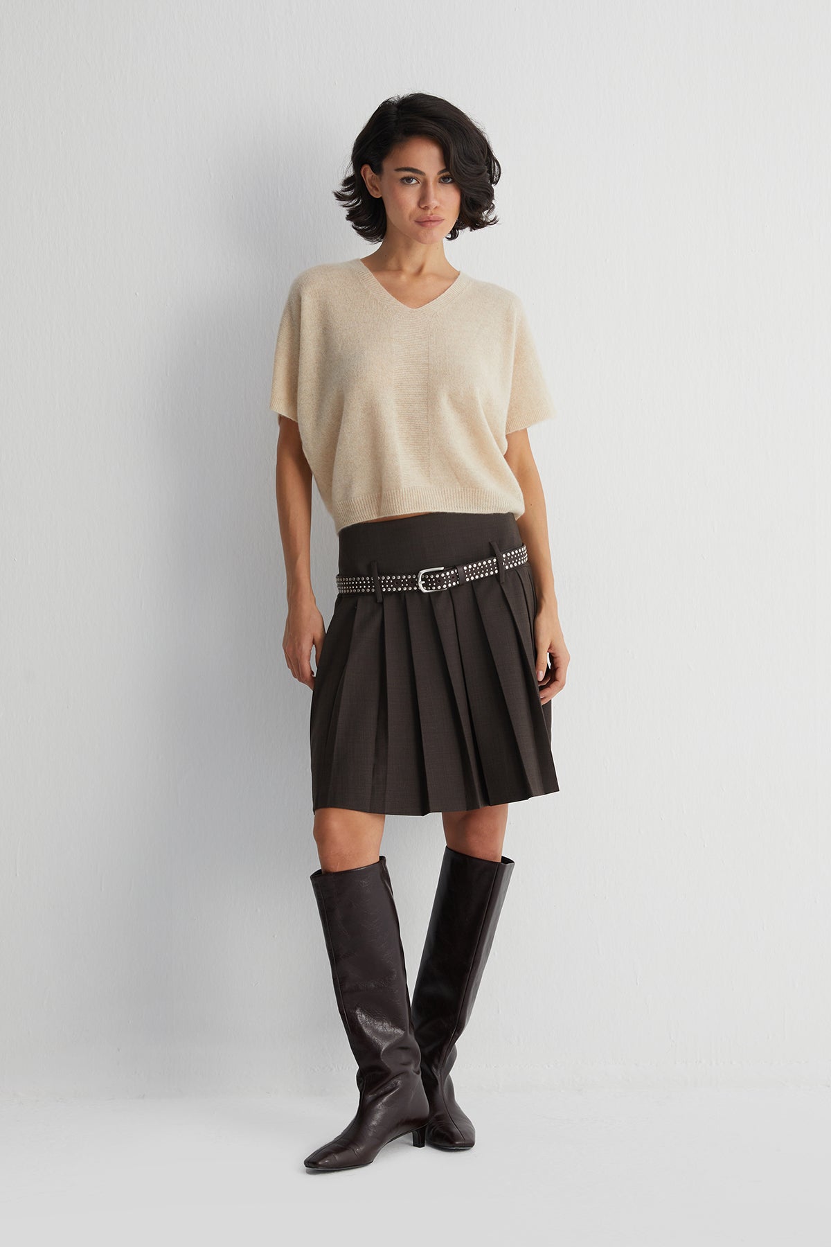 Bej Alexia Saf Kaşmir V Yaka Kısa kollu Triko