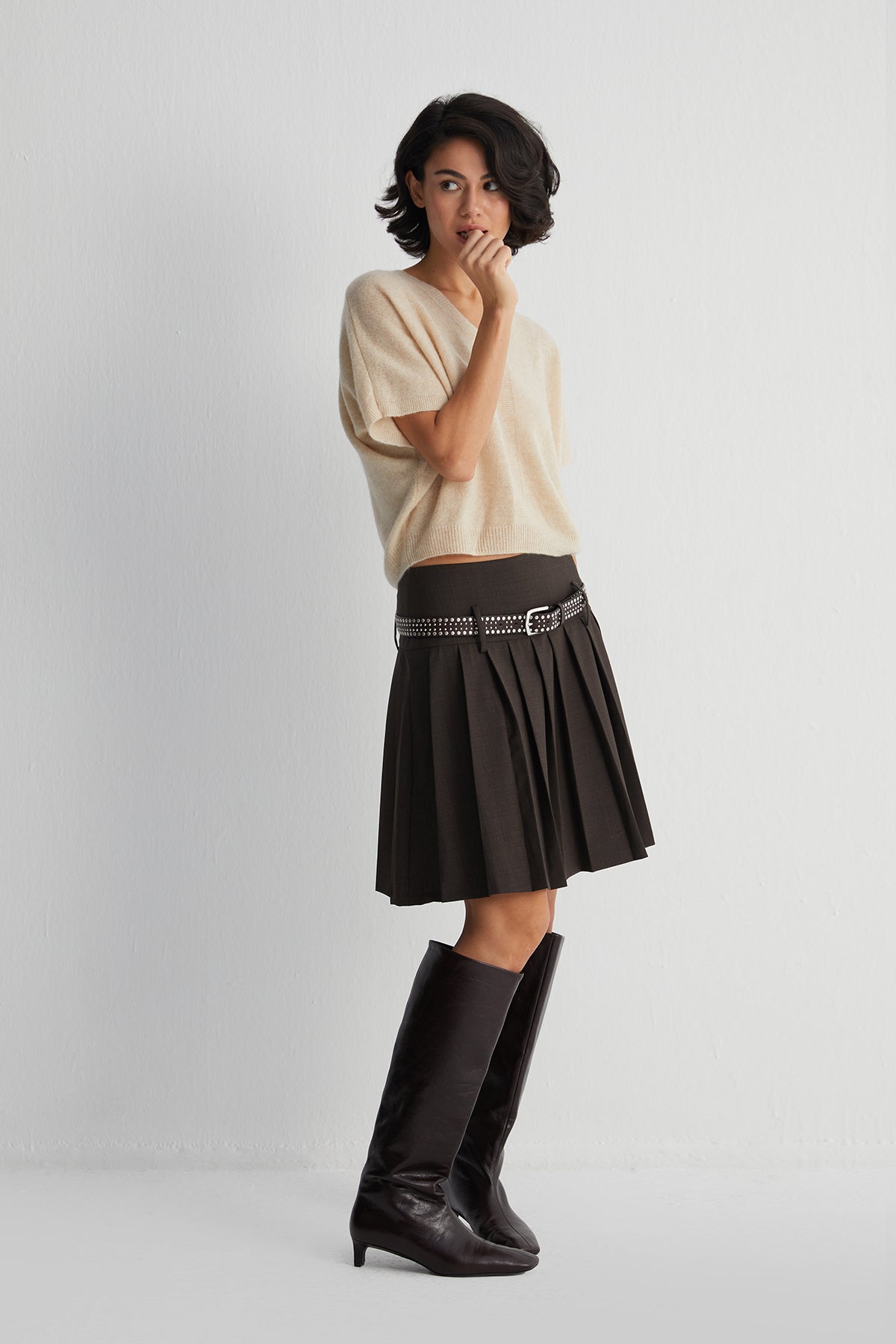 Bej Alexia Saf Kaşmir V Yaka Kısa kollu Triko