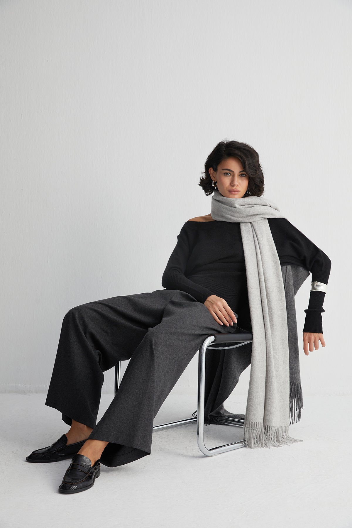 Açık Gri Rose Saf Kaşmir Şal 180x60 cm