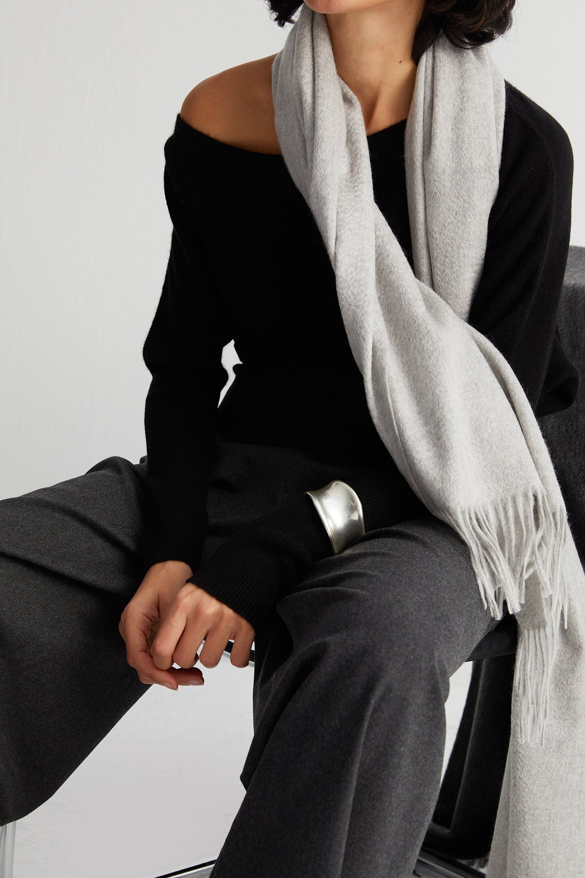 Açık Gri Rose Saf Kaşmir Şal 180x60 cm