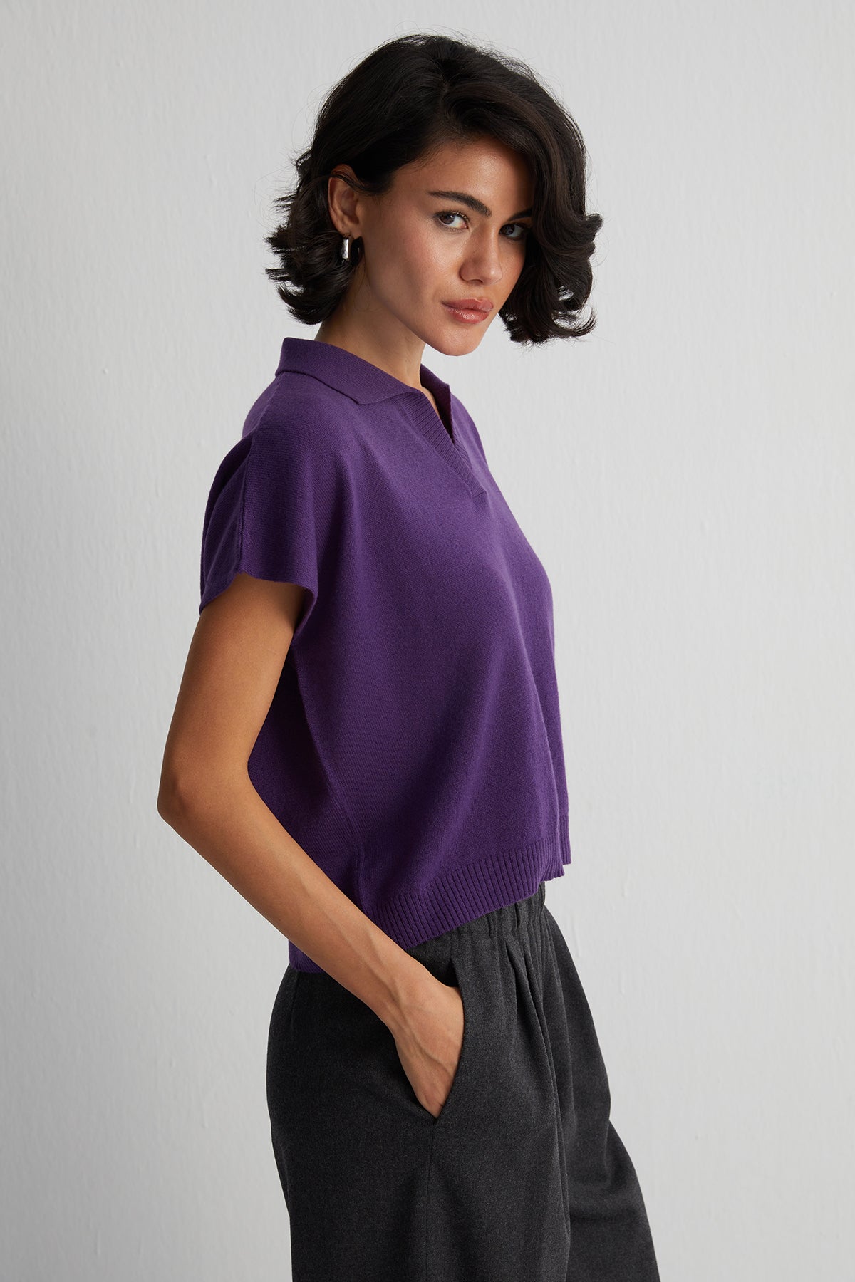 Mor Vanessa Saf Kaşmir Kısa Kollu Polo