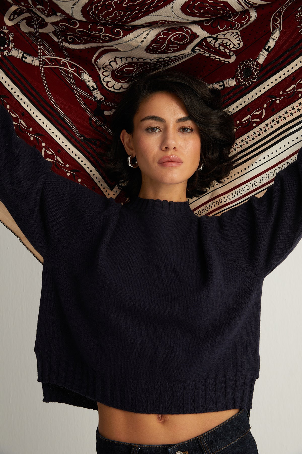 Kahverengi Linda Saf Kaşmir Baskılı Eşarp 140x140 cm