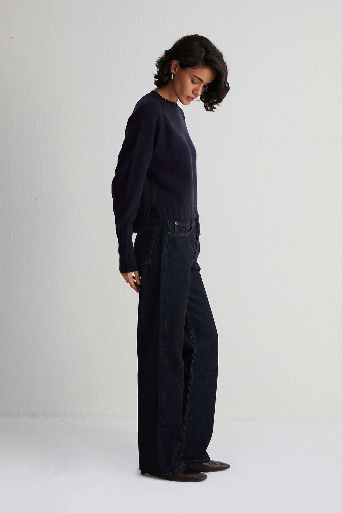 Lacivert Vanessa Saf Kaşmir Yuvarlak Yaka Crop Kazak