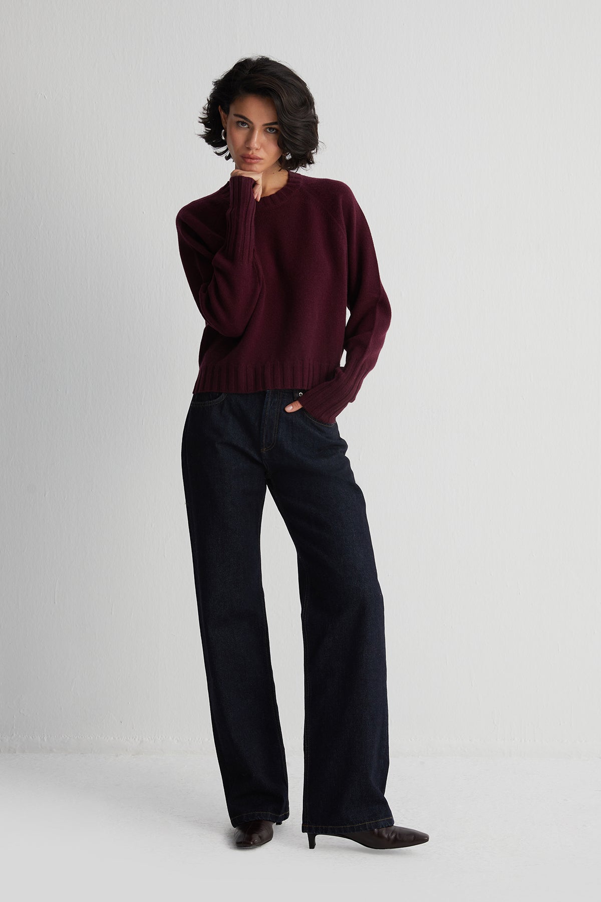 Bordo Vanessa Saf Kaşmir Yuvarlak Yaka Crop Kazak