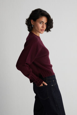 Bordo Vanessa Saf Kaşmir Yuvarlak Yaka Crop Kazak