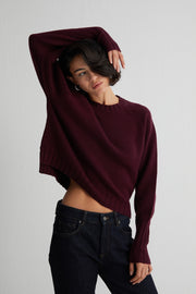 Bordo Vanessa Saf Kaşmir Yuvarlak Yaka Crop Kazak