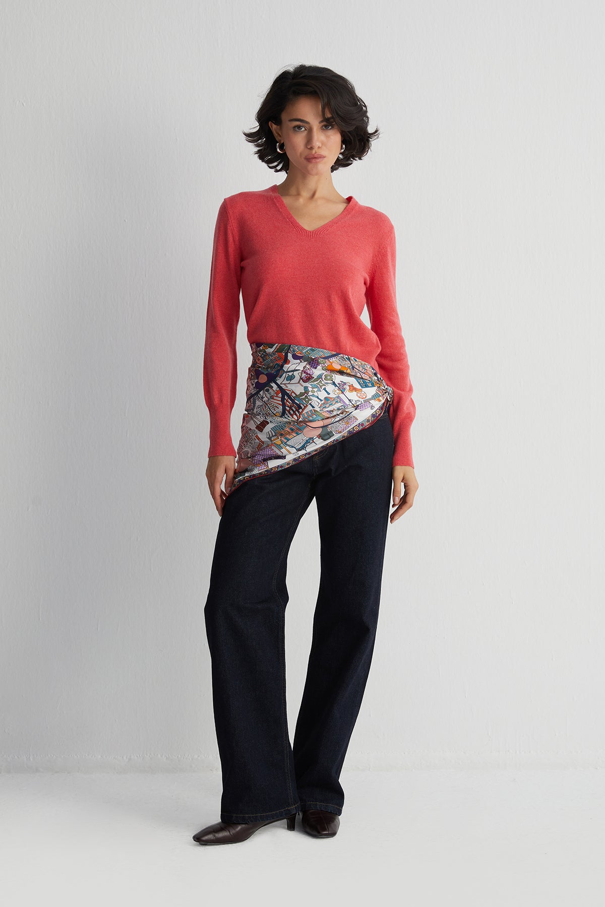 Mercan Franca Saf Kaşmir Derin V Yaka Kazak