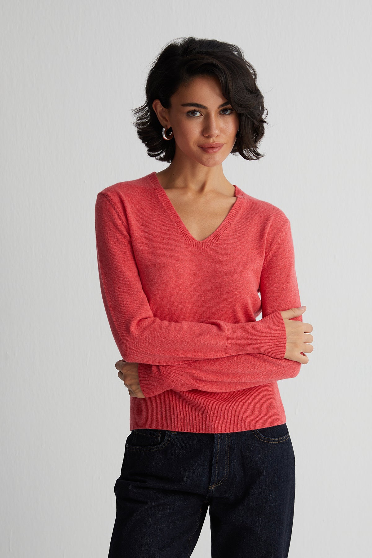 Mercan Franca Saf Kaşmir Derin V Yaka Kazak