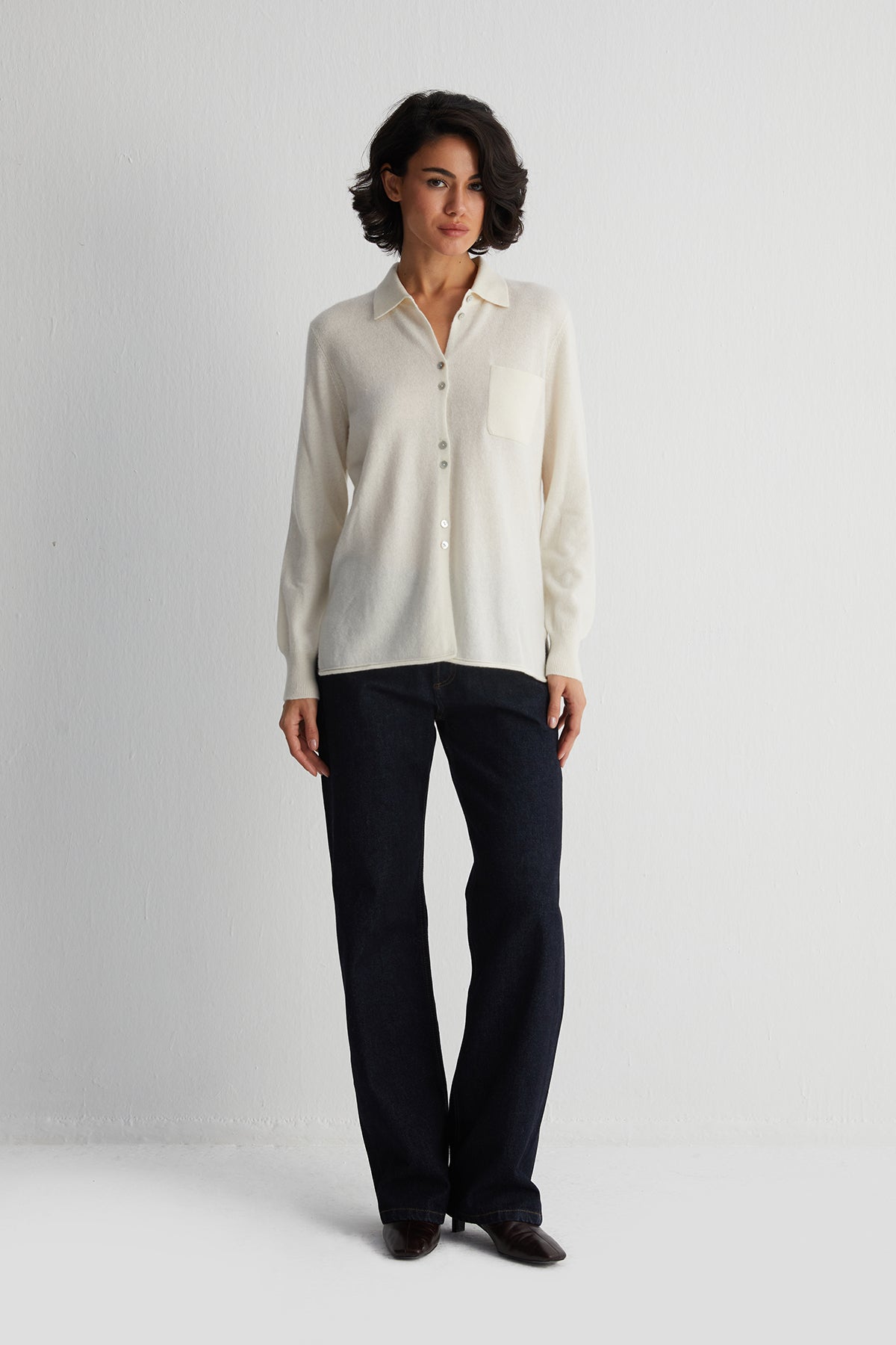 Ekru Agata Saf Kaşmir Triko Gömlek