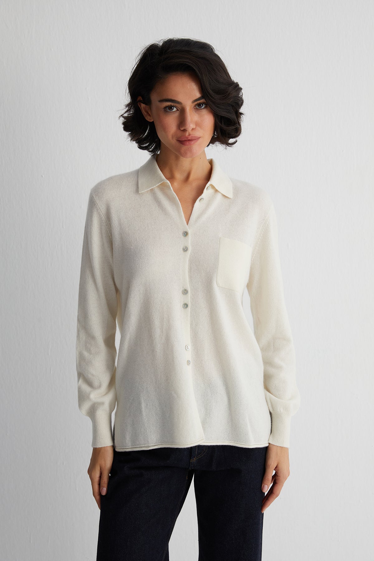 Ekru Agata Saf Kaşmir Triko Gömlek