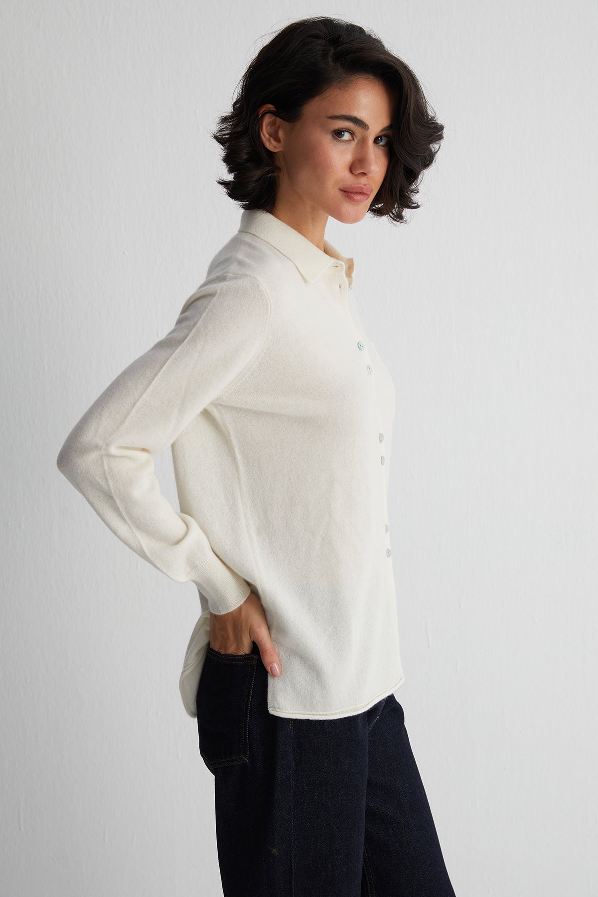 Ekru Agata Saf Kaşmir Triko Gömlek
