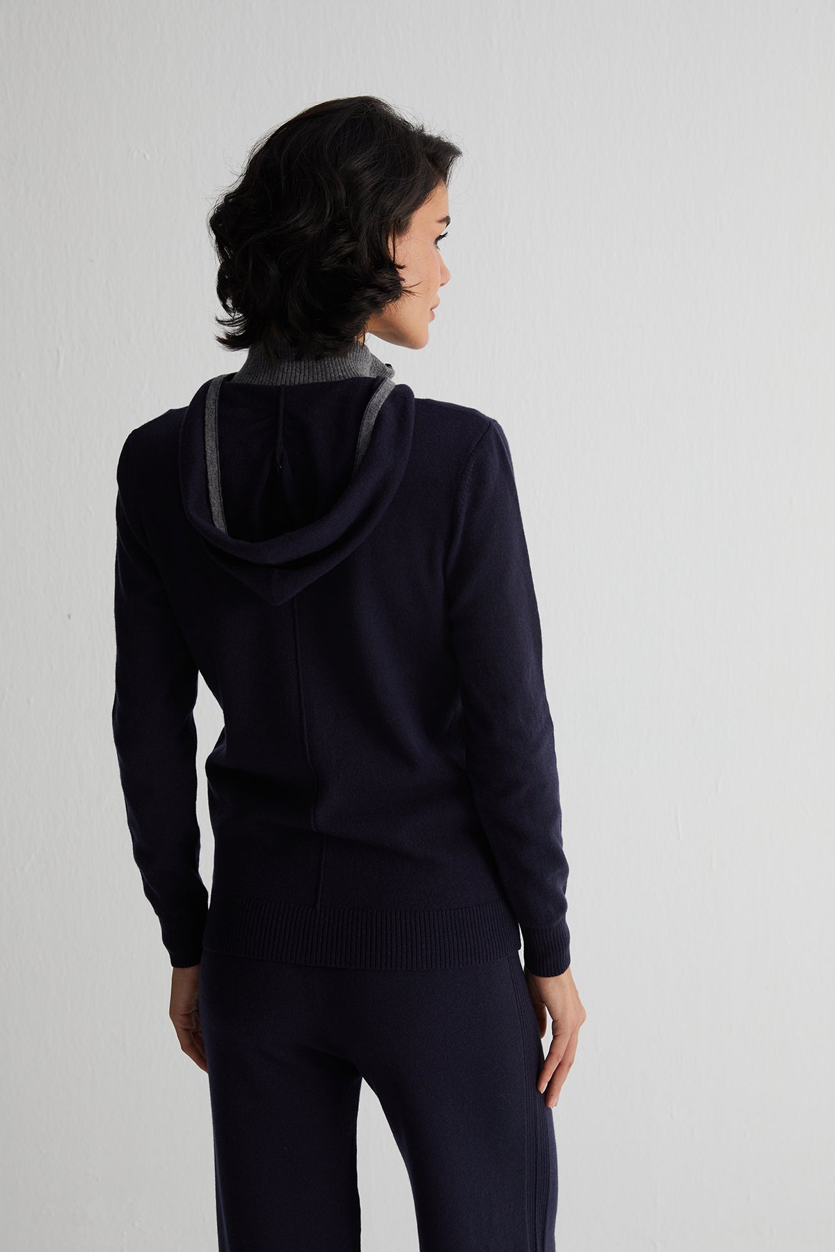 Lacivert Laura  Yün Kaşmir Yüksek Yaka Kapüşonlu Hırka