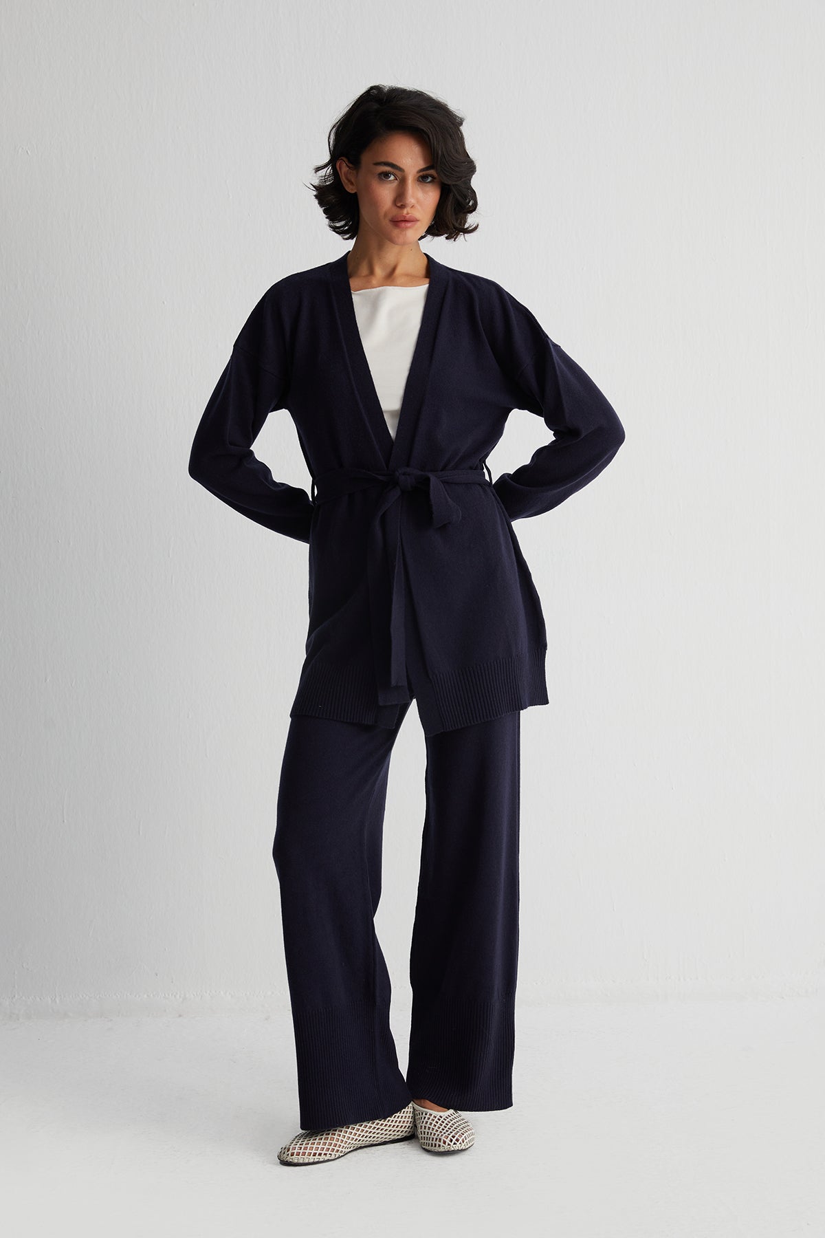 Lacivert Laura Yün Kaşmir Kuşaklı Hırka