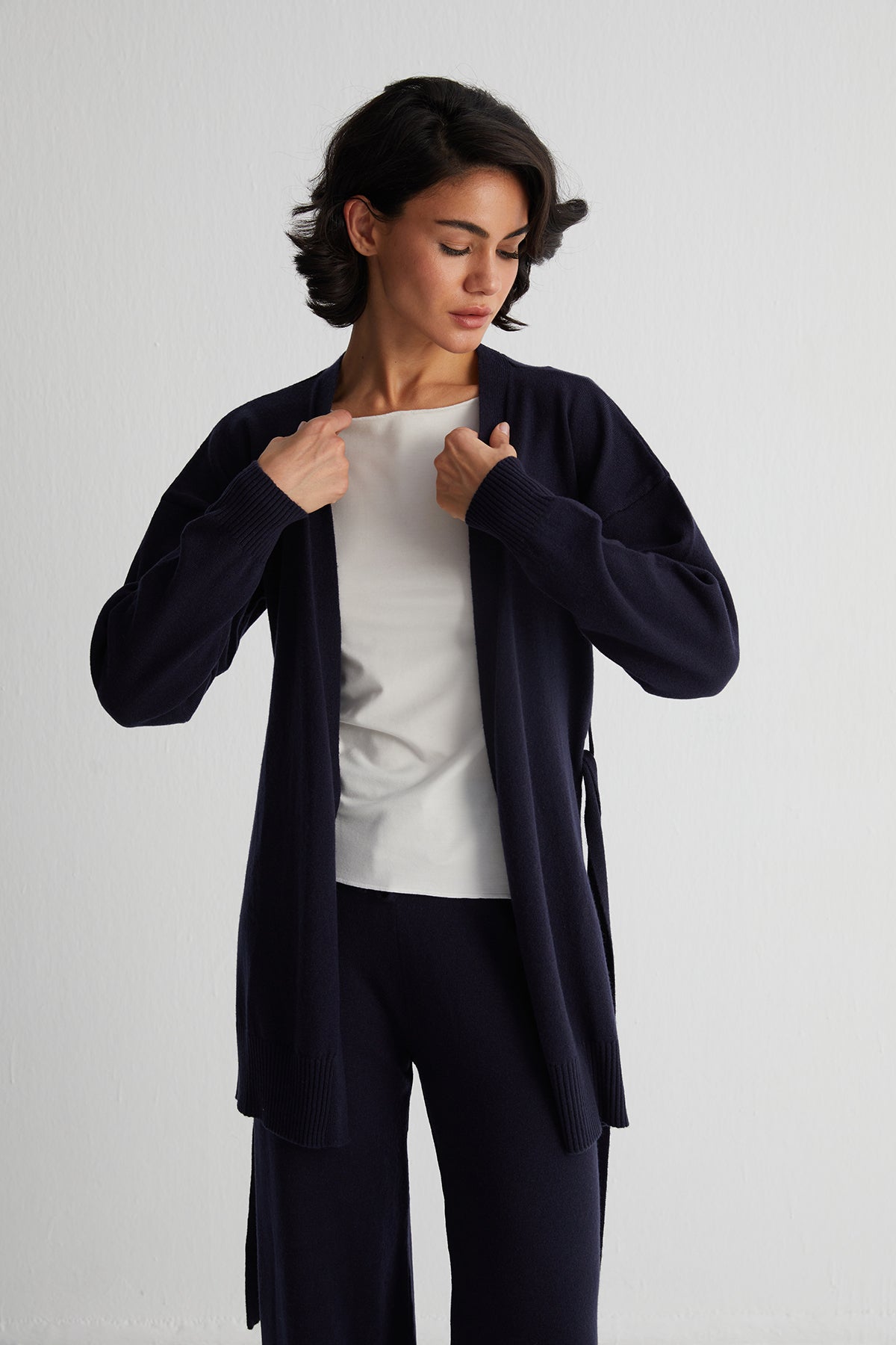 Lacivert Laura Yün Kaşmir Kuşaklı Hırka