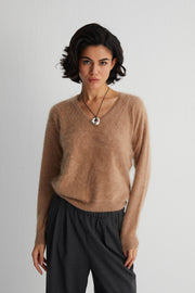 Açık Camel Brushed Saf Kaşmir V Yaka Kazak