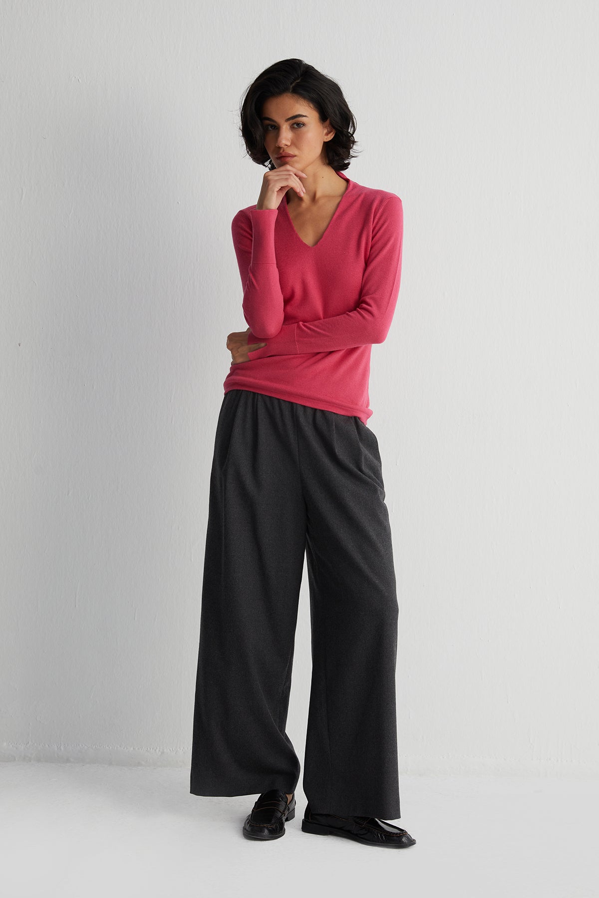 Fuşya Zoe İpek Kaşmir Derin V Yaka Triko