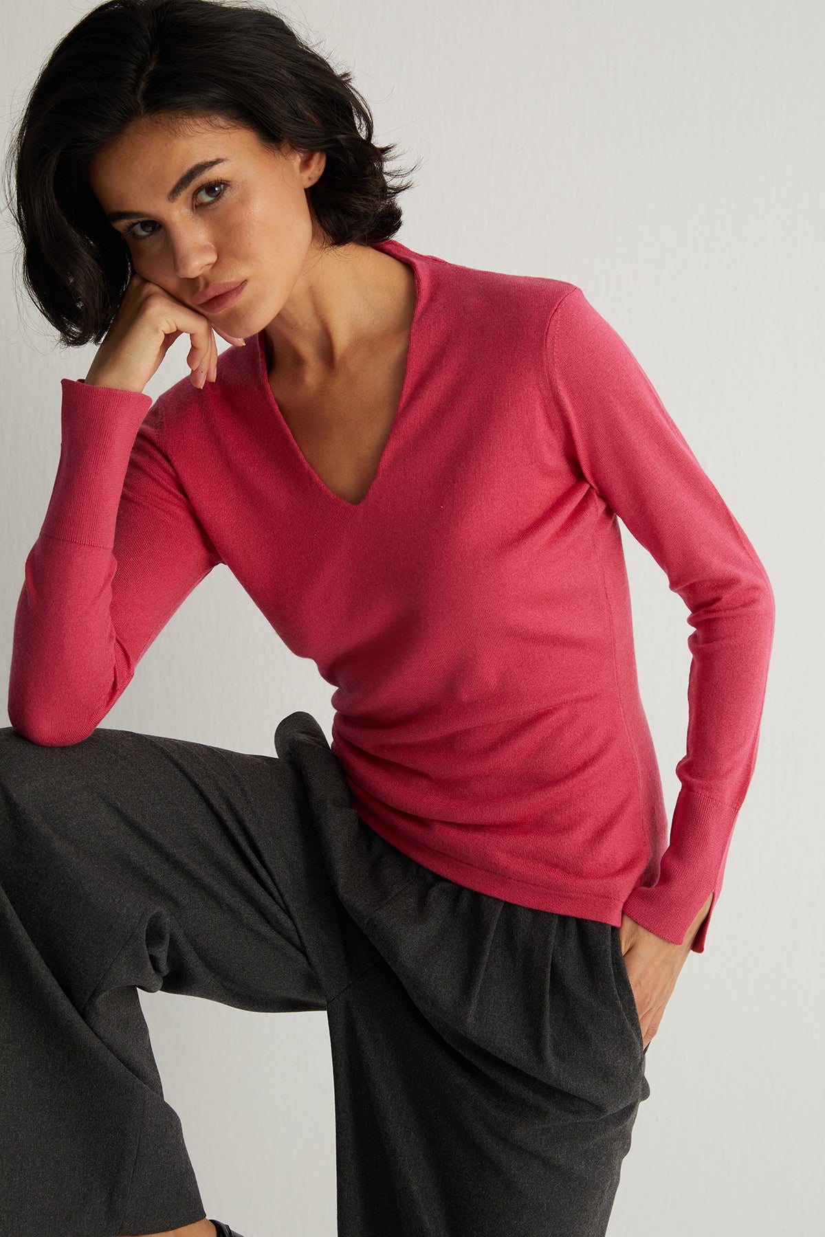 Fuşya Zoe İpek Kaşmir Derin V Yaka Triko