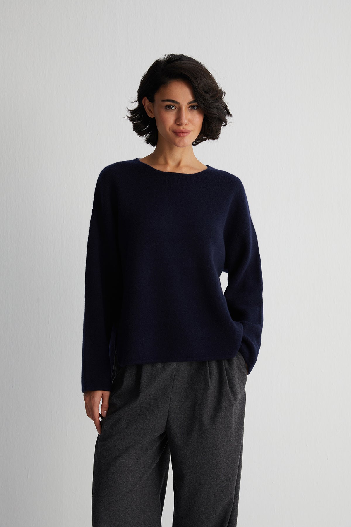 Lacivert Alexia Saf Kaşmir Çelik Örgü Kazak