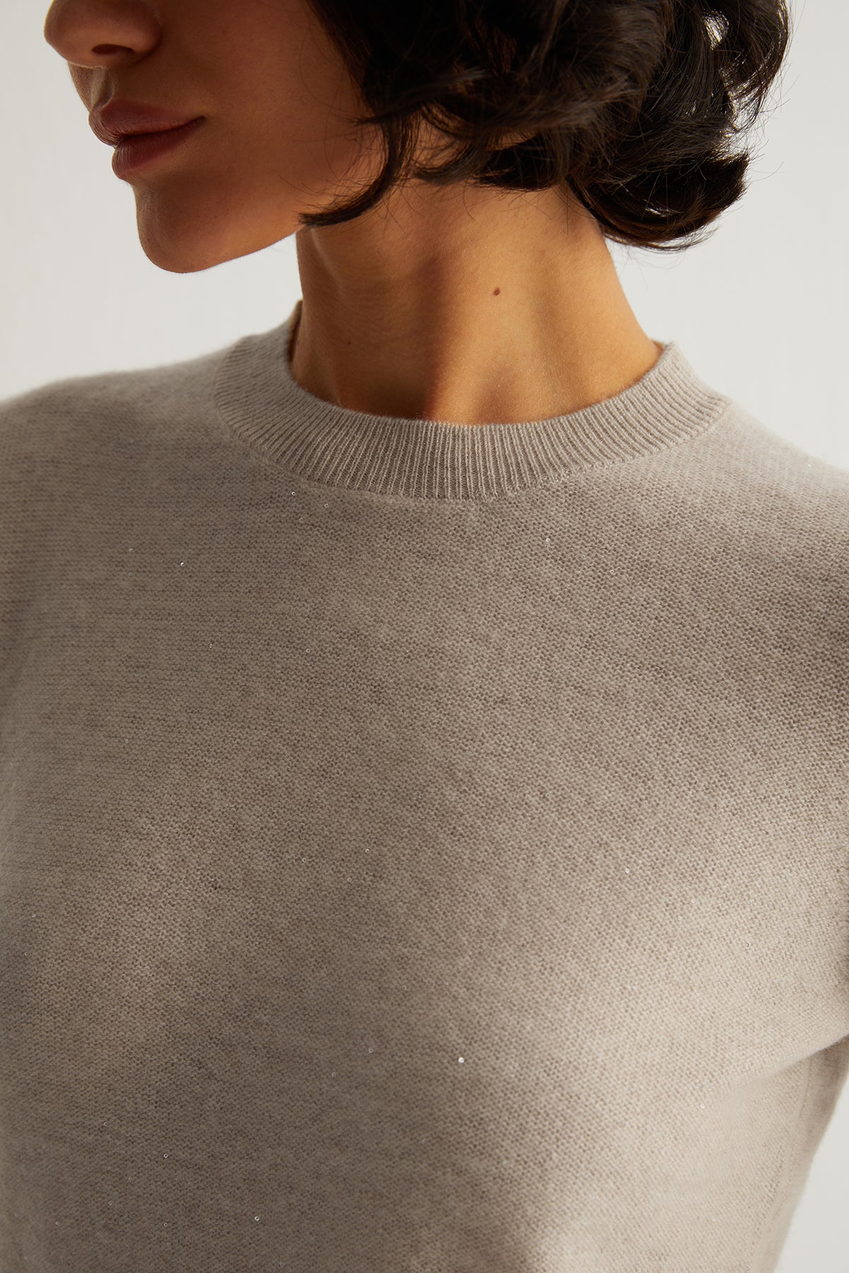 Bej Alexia Kaşmirli İşlemeli Yuvarlak Yaka Kazak