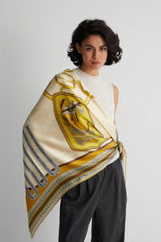 Sarı Lina Saf İpek Baskılı Şal 140x140cm