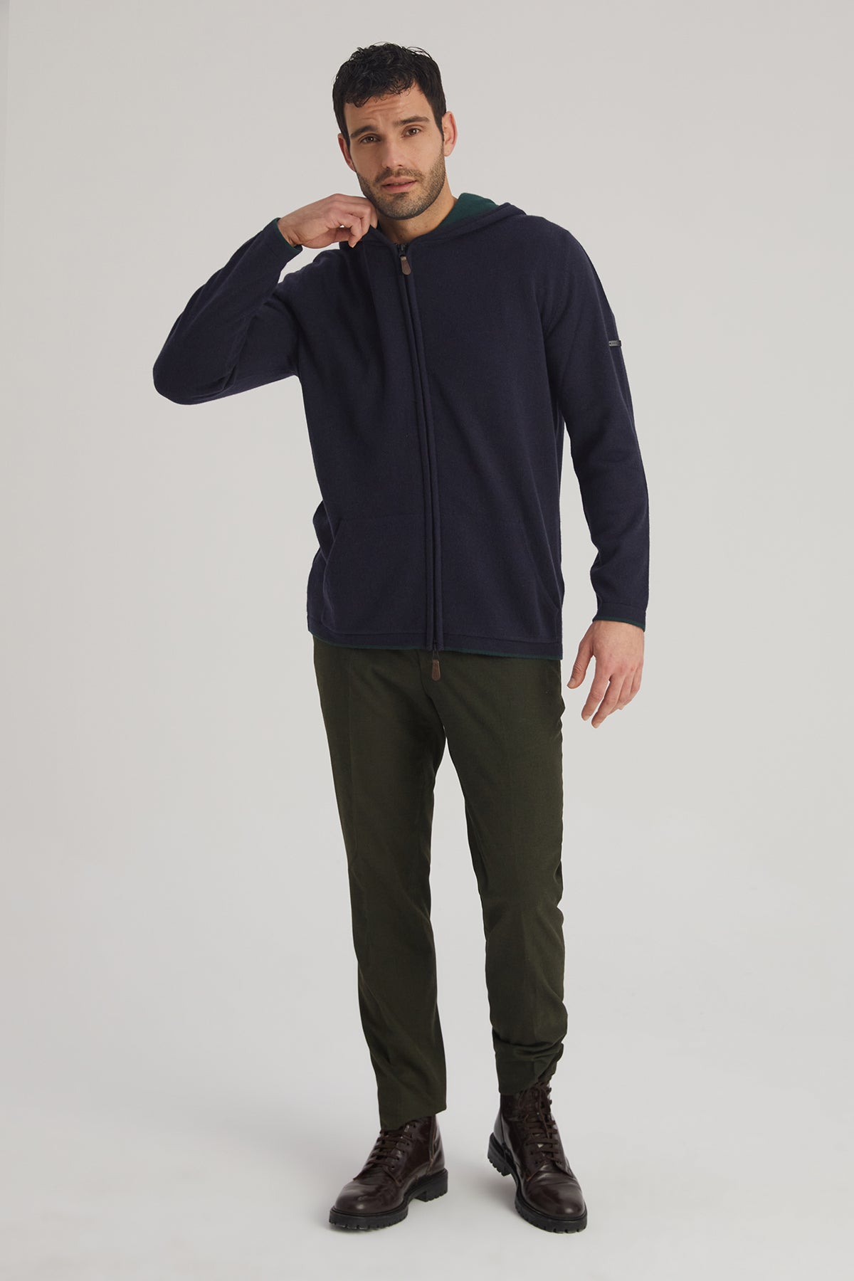 Lacivert Scott Saf Kaşmir Kapüşonlu Hırka