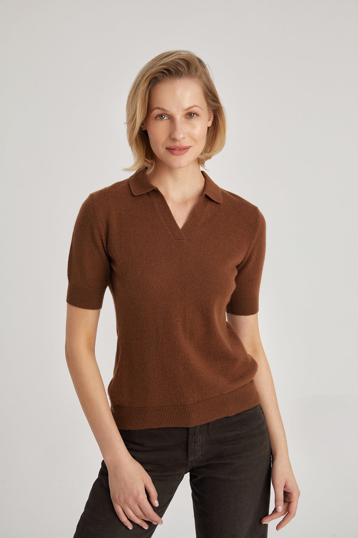 Kahverengi Lilly Saf Kaşmir  Polo Tişört