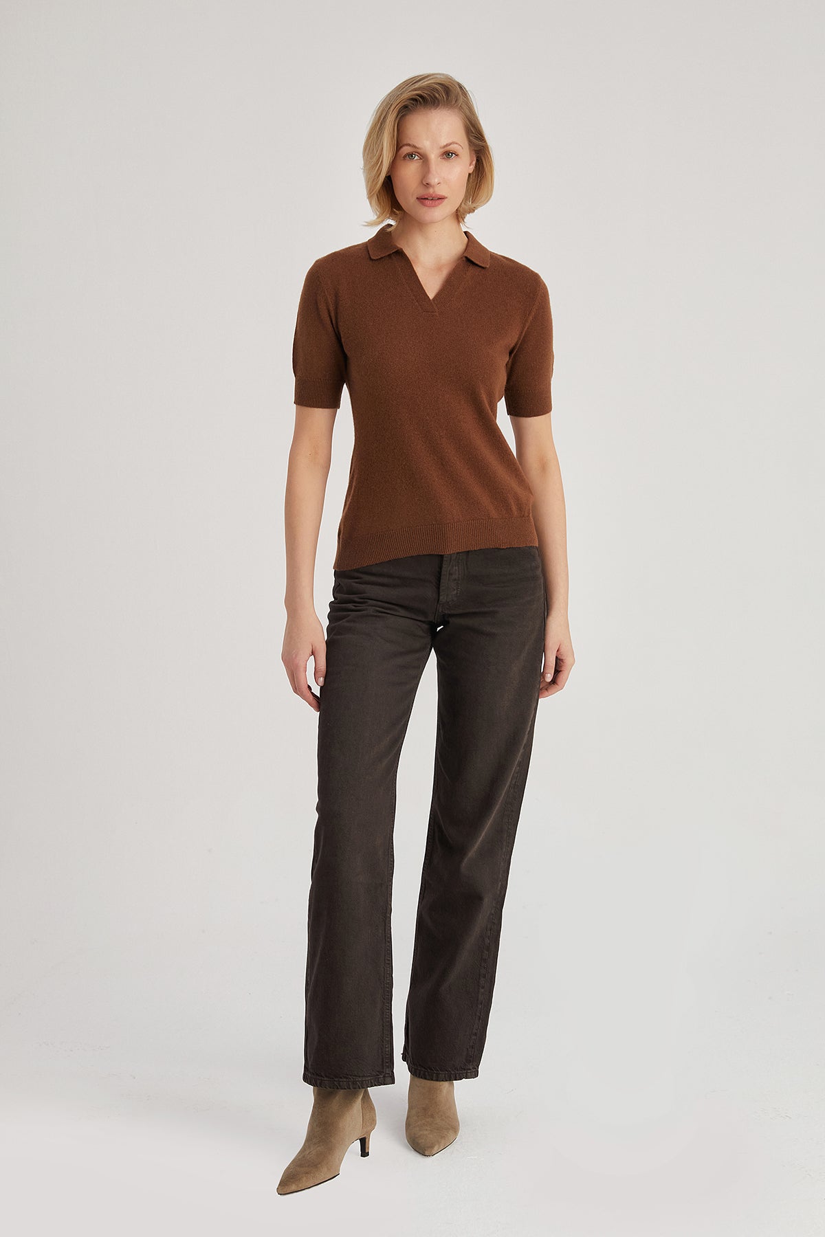 Kahverengi Lilly Saf Kaşmir  Polo Tişört