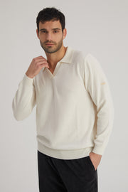 Ekru Saf Kaşmir Düğmesiz Polo Kazak