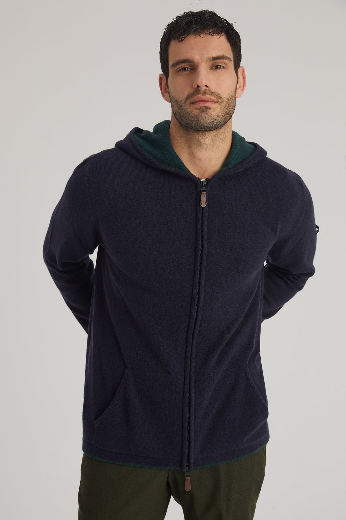 Lacivert Scott Saf Kaşmir Kapüşonlu Hırka