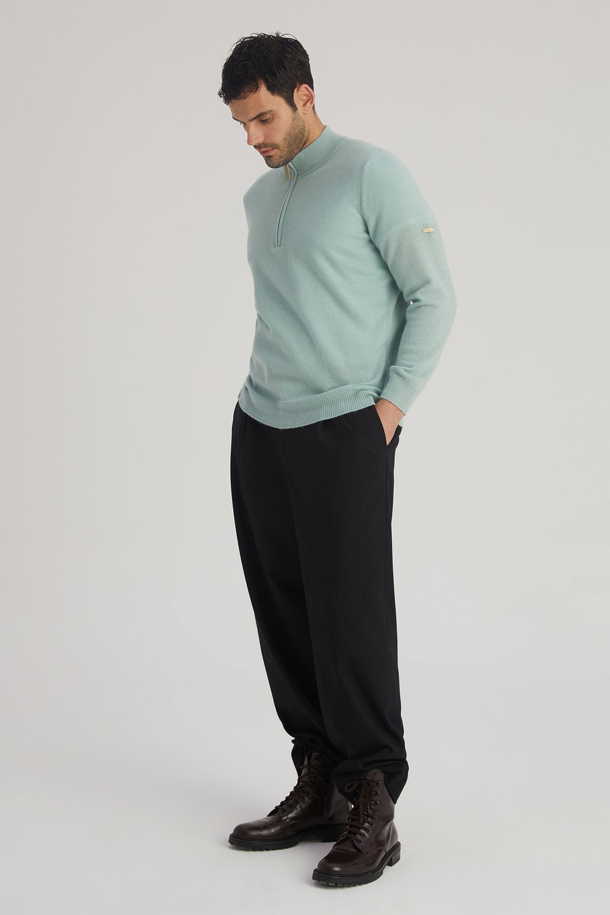 Açık Yeşil Saf Kaşmir Yüksek Yaka Fermuarlı Erkek Kazak