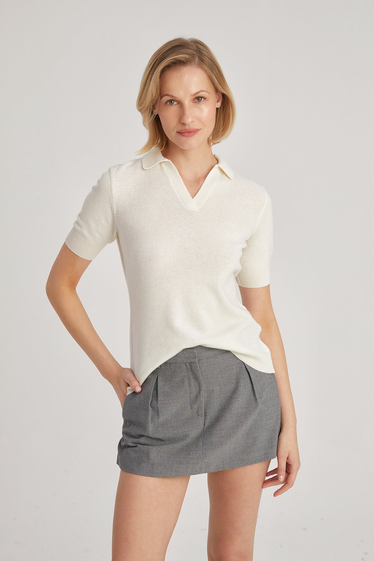 Ekru Lilly Saf Kaşmir  Polo Tişört