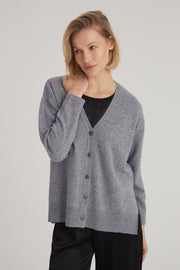 Orta Gri Melanj Lilly Saf Kaşmir V Yaka Hırka