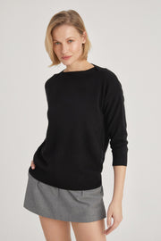 Siyah Isabella Saf Kaşmir Kayık Yaka Kazak