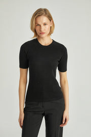 Siyah Merill Yün Kaşmir Yuvarlak Yaka Taşlı Kısa Kollu Triko