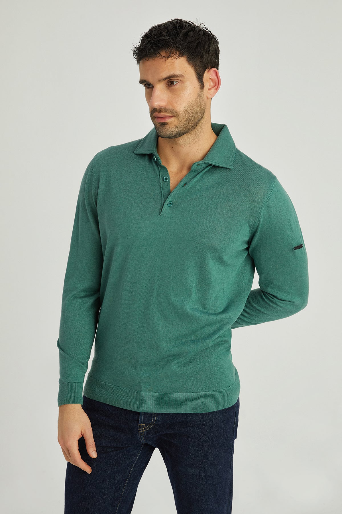 Yeşil İpek Kaşmir Utku Uzun Kollu Erkek Polo
